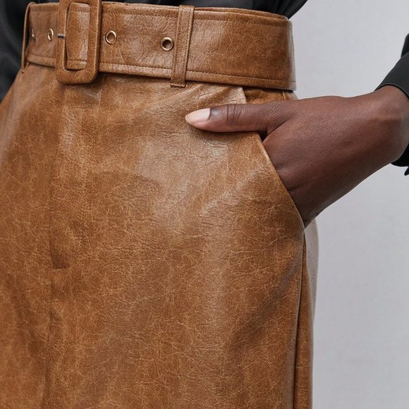 Brown Preppy Womens Split Hem Belted PU Leather Skirt - Picture 3 of 5